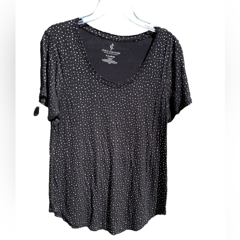 Juicy Couture Blouse Slipover Top Sz XL Short Sleeve Black Bling silver Dots